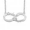 Silver infinity double name necklace, Linda-Jeroen with hearts engravings